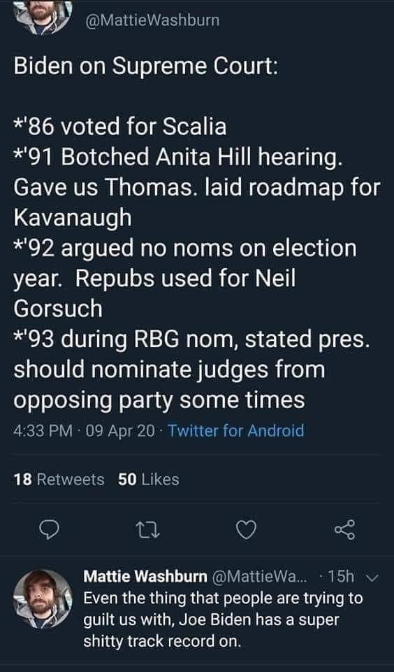 The meme is a tweet by Mattie Washburn, a comedian, criticizing President Joe Biden's speech in 2020. The tweet lists several embarrassing moments in Biden's past, including his 1986 vote for the Supreme Court nominee, his 1991 botched hearing, and his 1993 nomination of a Supreme Court judge. The tweet is meant to be humorous and sarcastic, highlighting the president's past mistakes.
