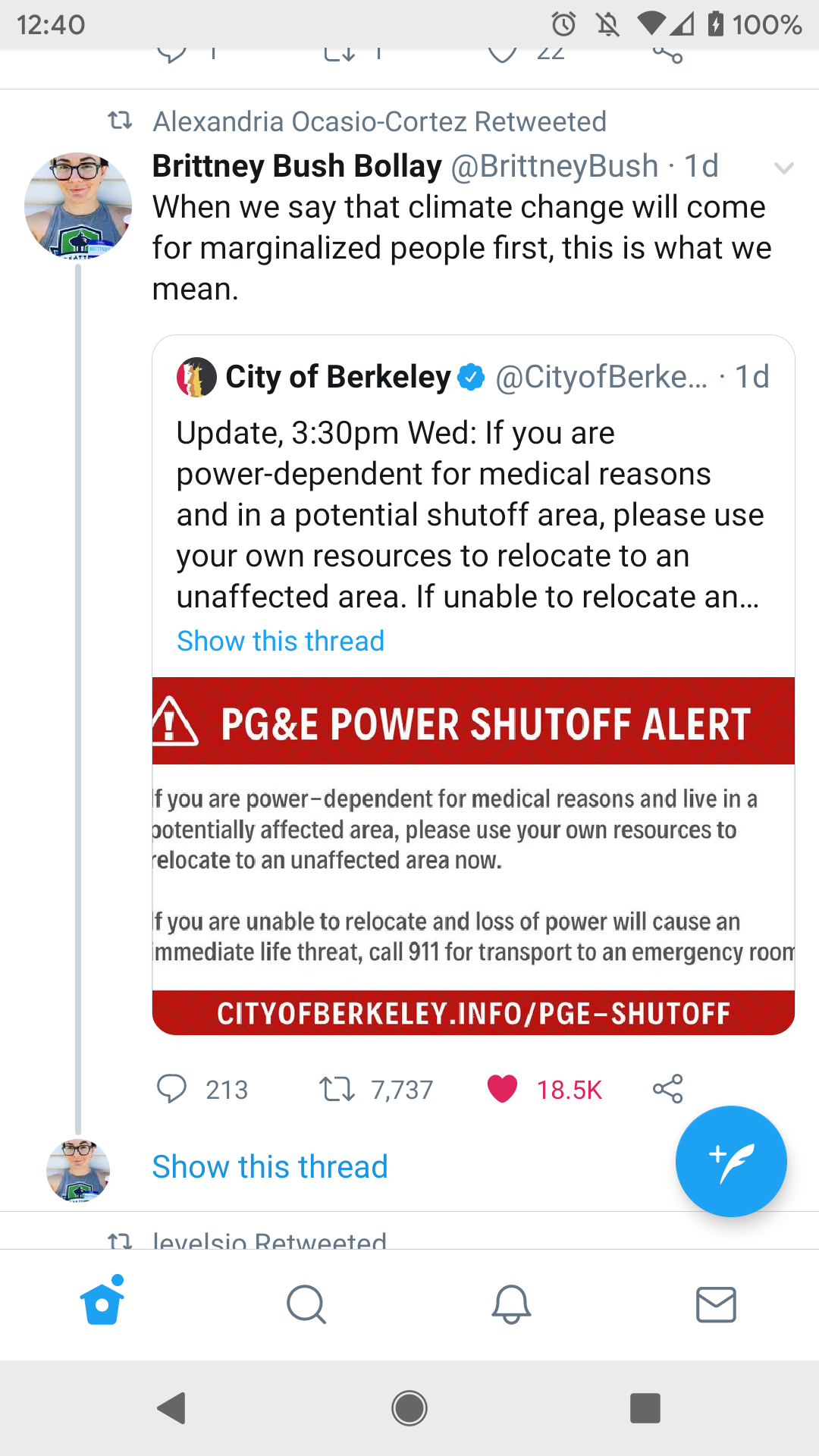 The meme is a screenshot of a Twitter thread where Alexandria Ocasio-Cortez (AOC) tweets about the importance of climate change and its impact on marginalized communities. The tweet says, "When we say that climate change will come for marginalized people first, this is what we mean." A tweet from the City of Berkeley responds with a link to a webpage about a power outage and a PG&E power shutoff alert.