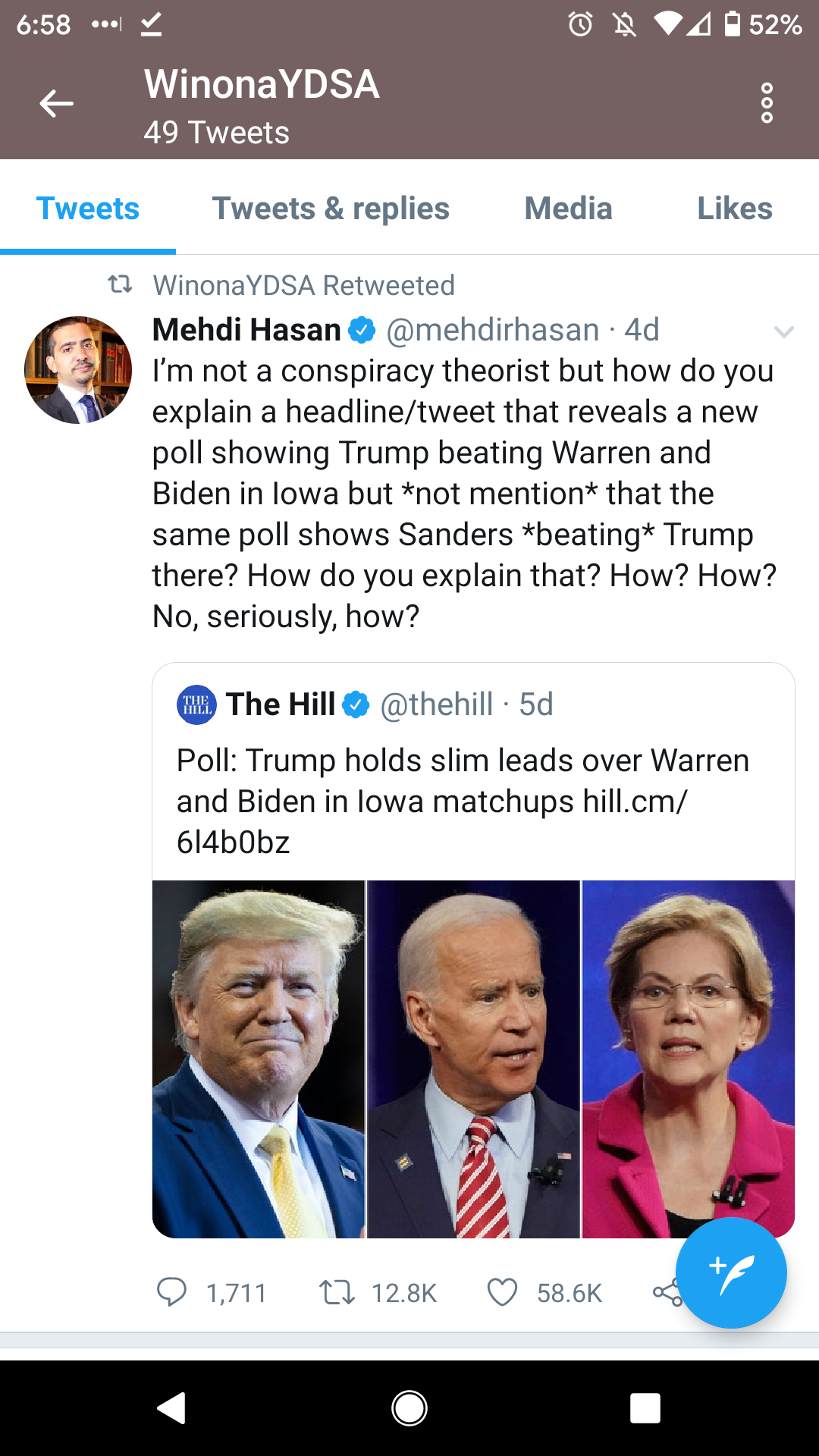 This meme is a screenshot of a Twitter post by Mehdi Hasan, a journalist and author, responding to a tweet about a new poll showing Trump beating Warren and Biden in Iowa. The post reads, "I'm not a conspiracy theorist, but how do you explain a headline/tweet that reveals a new poll showing Trump beating Warren and Biden in Iowa, but *not* mentioning that the same poll shows Sanders beating Trump there?" The post is followed by a link to an article about the poll.