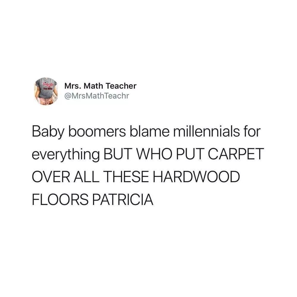 The meme is a humorous commentary on the perceived blame of millennials for everything by baby boomers. It states that baby boomers blame millennials for everything, but they are actually responsible for many of the problems they complain about, citing the example of putting carpet over hardwood floors, which is a common practice in the US. The meme uses a sarcastic tone to poke fun at the hypocrisy of baby boomers.