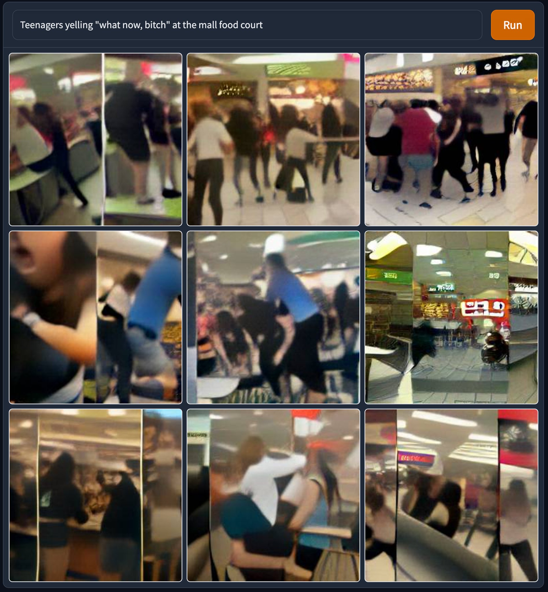 This meme is a screenshot of a social media post that appears to be a video of a chaotic scene in a mall food court. The text above the image reads "Teenagers yelling 'what now, bitch' at the mall food court". The image shows a blurry and disorganized scene with multiple people yelling and arguing.