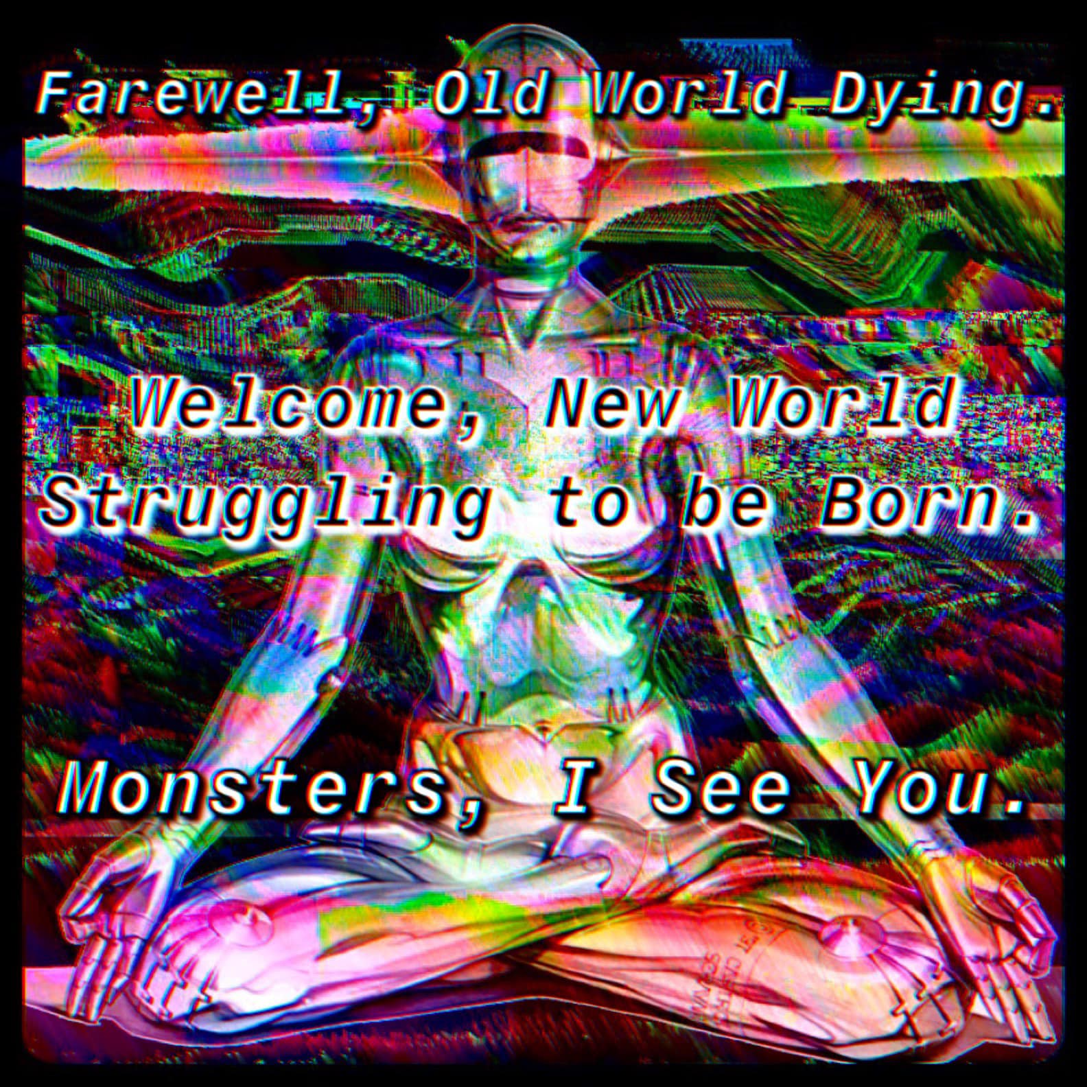 This meme is an image of a humanoid robot sitting in a lotus position with its eyes closed. The text on the image reads "Farewell, Old World Dying. Welcome, New World Struggling to be Born. Monsters, I See You." The image is a dark, surreal, and often disturbing visual representation of the transition from an old world to a new one, with a focus on the idea that the old world is dying and the new world is struggling to be born, with a sense of darkness and danger.
