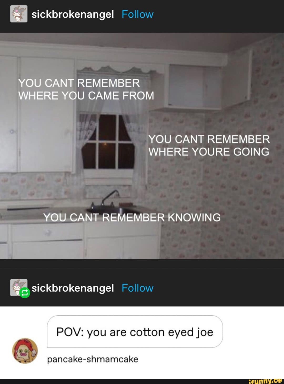 This meme is a screenshot of a Reddit-style comment thread. The top image is a photo of a kitchen with a window, but the text has been edited to display a series of phrases in white, including "YOU CAN'T REMEMBER WHERE YOU CAME FROM", "YOU CAN'T REMEMBER WHERE YOU'RE GOING", and "YOU CAN'T REMEMBER KNOWING". The text at the bottom is a response from a user named "pancake-shmamacake", who says "POV: you are cotton eyed joe".