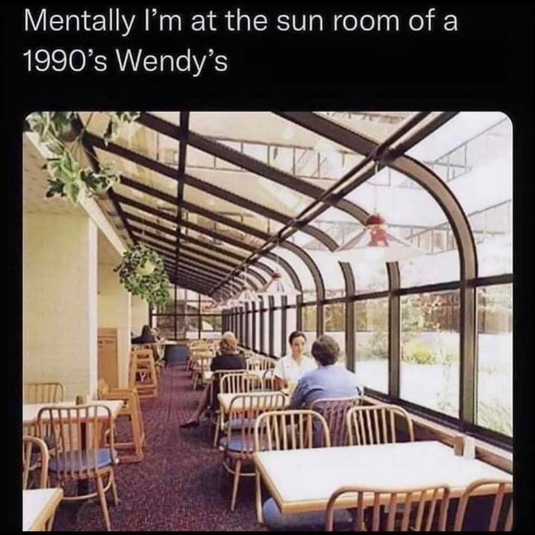 This meme is a humorous commentary on the nostalgia of the past. The image is a photo of a sunroom or solarium from a 1990s-era Wendy's restaurant, which was a unique feature of the chain's design. The text at the top of the image reads "Mentally I'm at the sun room of a 1990s Wendy's" and is meant to be humorous and nostalgic, evoking a sense of nostalgia for a bygone era.