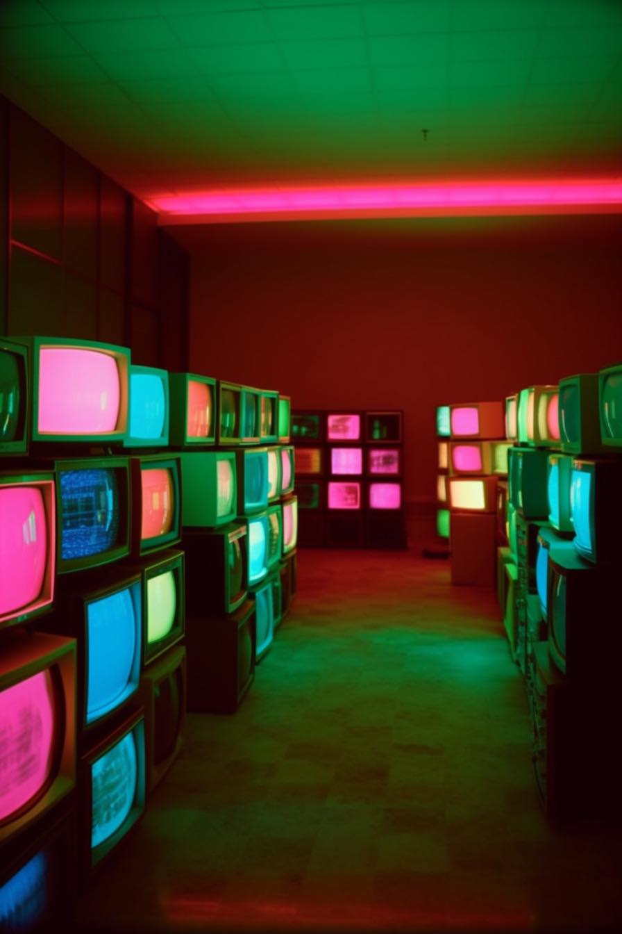 This meme is a photo of a dark room filled with rows of old, glowing television sets. The TVs are all displaying the same static-filled, snowy screen, which is often used to represent a lack of signal or a TV "not working". The image is captioned "When you're trying to get a signal but it's just a bunch of static".