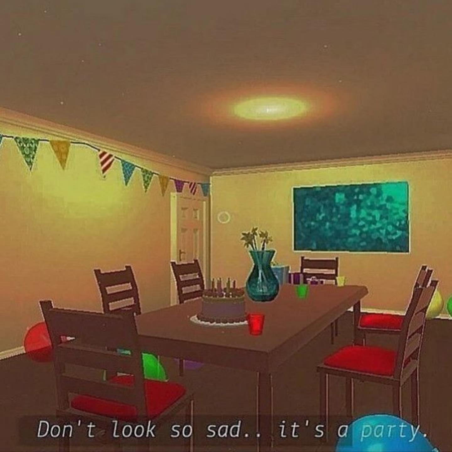 The meme is a screenshot from a video game, specifically a scene from the 2011 game "The Last Story". The image shows a deserted and abandoned party room, with a table still set with a birthday cake, but no one is present. The text overlayed on the image reads: "Don't look so sad. It's a party."