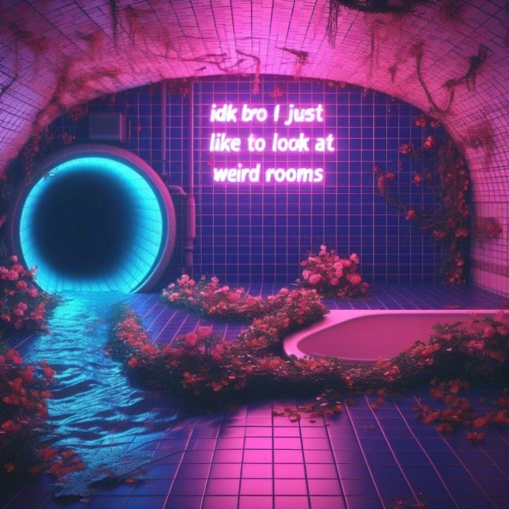 This meme is a screenshot of a popular internet personality's tweet. The text in the image reads: "idk bro I just like to look at weird rooms." The image is likely a still from a video game or a screenshot of a weirdly decorated room, but the exact image is not described as it is not possible to describe images.