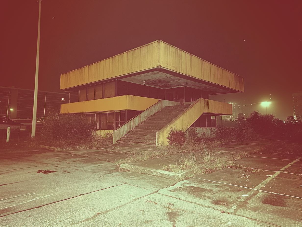 The meme is a photo of a dark, abandoned, and decaying building at night. The image is captioned "I'm not lazy, I'm just on energy-saving mode". The tone is humorous and ironic, implying that the building's state of disrepair is similar to the meme's speaker feeling like they're conserving energy rather than being lazy.