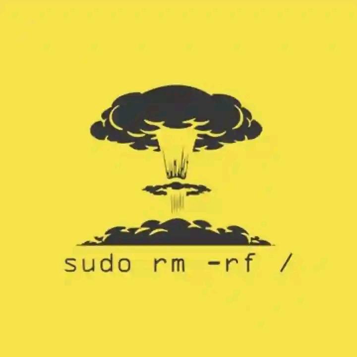 The meme is a humorous illustration of a nuclear explosion, but instead of a mushroom cloud, a giant "sudo" (short for "super user do") command is erupting. The text "sudo rm -rf /" appears in the image, which is a command that, if executed, would delete all files on a Linux system, effectively causing a digital "nuclear explosion".