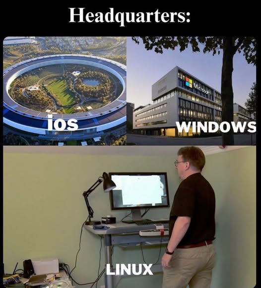 This meme is a humorous commentary on the tech industry's reputation for being demanding and stressful. It features a photo of a person sitting at a desk, surrounded by multiple screens and devices, with a caption that lists the names of various operating systems (iOS, Windows, and Linux) in a way that implies they're all being used at the same time. The implication is that the person is so overwhelmed by the demands of the industry that they're using all three operating systems at once, which is a humorous and relatable take on the stress of working in tech.