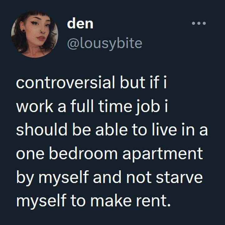 The meme is a humorous commentary on the struggles of living on a tight budget. The text reads: "I should be able to afford a one-bedroom apartment by myself, not starve to make rent." It's a lighthearted, sarcastic remark about the financial struggles of living on a low income.