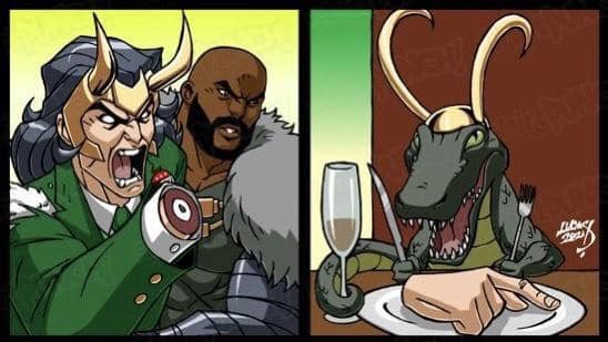 The meme is a split-screen image featuring two characters from the Marvel Comics universe, Loki (left) and Killmonger (right). The left side shows Loki shouting, "I am Loki, the god of mischief and the most powerful of all the gods, and I am not going to have my life threatened by some kind of animal!" The right side shows a T-Rex at a dinner table, drinking wine and saying, "I am not going to have my life threatened by some kind of animal!"