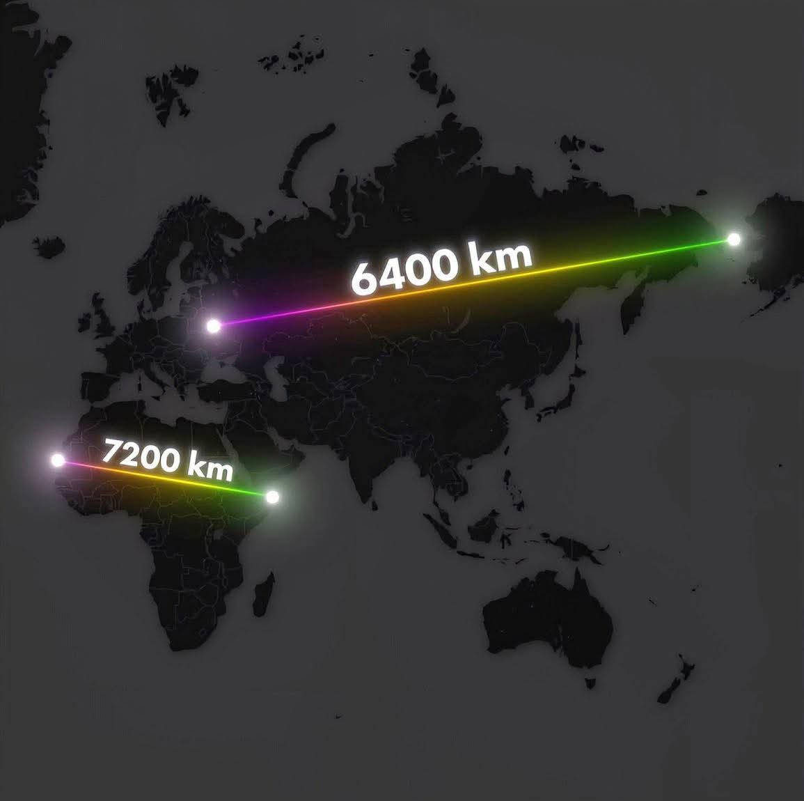 The meme is a map of the world with a series of lines connecting various cities, each with a specific distance in kilometers. The text "6400 km" is written above a line connecting London to New York, while "7200 km" i...