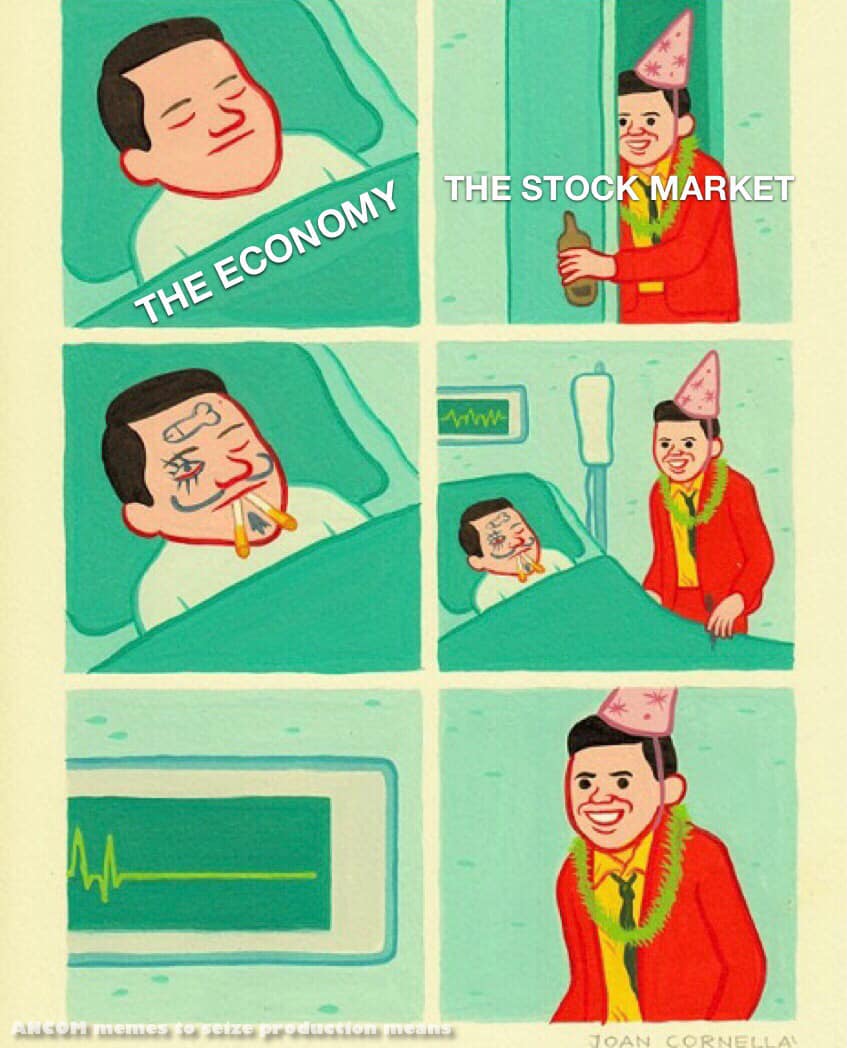 This meme is a comic strip-style illustration of a man lying in a hospital bed, surrounded by medical equipment. The text "THE ECONOMY" is written on the left panel, while "THE STOCK MARKET" is written on the right panel. The man's expressions and reactions in each panel convey a humorous contrast between the two, implying that the stock market is more exciting and fulfilling than the economy.