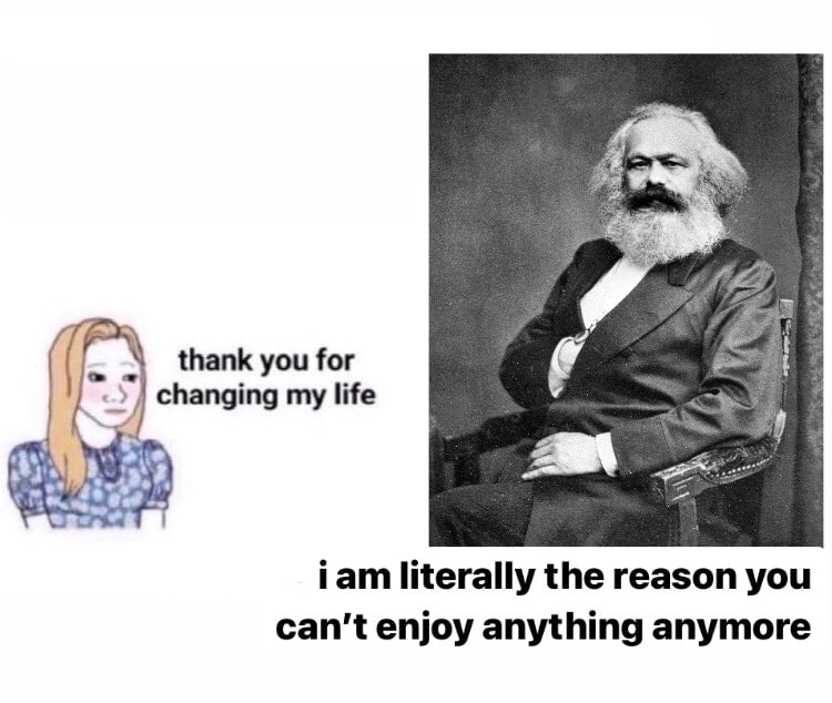 This meme is a humorous take on the concept of "enjoyment" and its relationship with the concept of "enjoyment" as a social media influencer. The image features a cartoon of a woman saying "thank you for changing my life" and a picture of Karl Marx, a 19th-century philosopher and economist, with the caption "I am literally the reason you can't enjoy anything anymore". The meme is likely referencing the idea that Marx's theories and ideas have been so influential that they have changed the way people think and feel, making it impossible to enjoy anything.