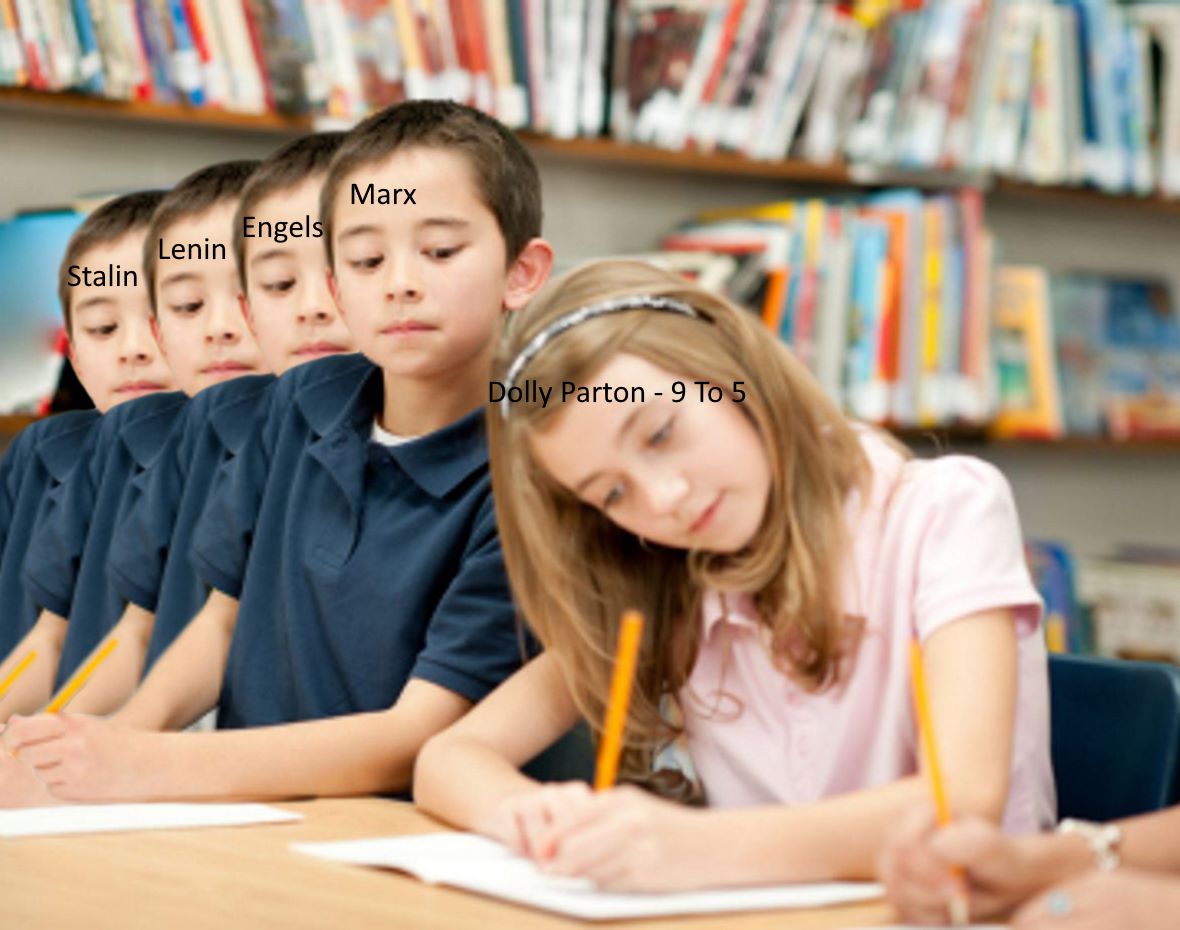 The meme features a photo of a row of elementary school students taking a test, with each student's name replaced by the name of a historical or cultural figure, such as "Stalin", "Lenin", "Marx", "Engels", "Mao", "Hill", "Len", "Kurt", "Fur", "Richt", "Til", "Mao", "Hill", "Len", "Kurt", "Fur", "Richt", "Til", "Dolly", "Parton", "9 to 5", "Stalin", "Lenin", "Marx", "Engels", "Mao", "Hill", "Len", "Kurt", "Fur", "Richt", "Til", "Dolly", "Parton", "9 to 5", "Stalin", "Lenin", "Marx", "Engels", "Mao", "Hill", "Len", "Kurt", "Fur", "Richt", "Til", "Dolly", "Parton", "9 to 5". The text "Dolly Parton - 9 to 5" is also written on the student in the front row, implying that she is the only one who knows the answer to the test.