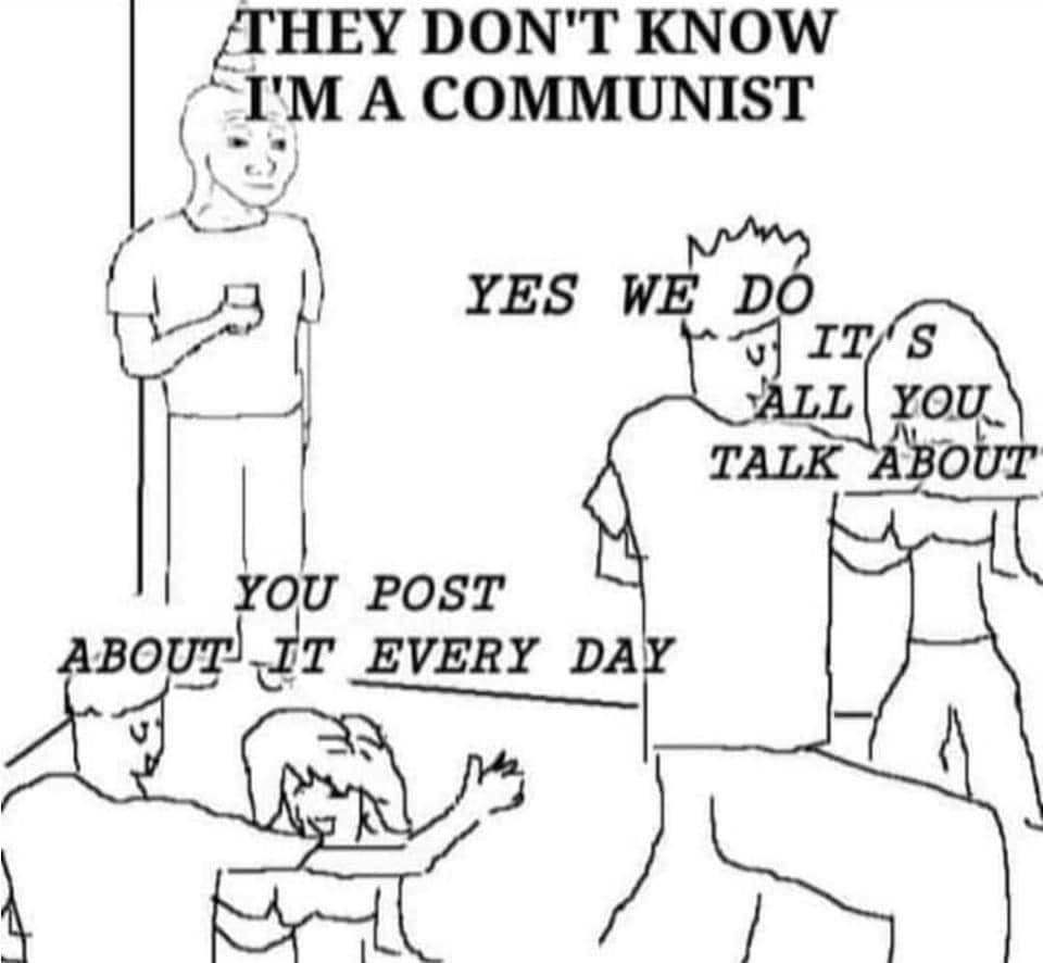 This meme is a humorous representation of a typical online interaction. The image features a group of people discussing their interests, with one person claiming to be a communist. The response from another person, "They don't know I'm a communist," is a common internet joke that implies the person is secretly a communist, but the others don't know. The text is often used to respond to someone who is pretending to be something they're not, especially in online communities.