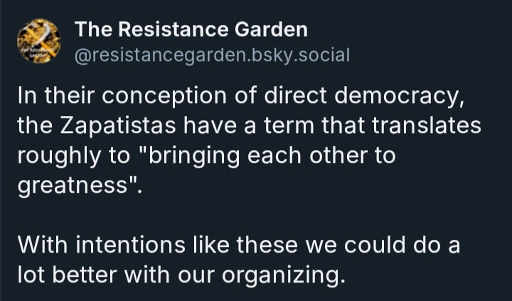 The meme is a social media post from "The Resistance Garden" with a text that reads, "In their conception of direct democracy, the Zapatistas have a term that translates roughly to 'bringing each other to greatness.' With intentions like these, we could do a lot better with our organizing." The text is in white on a black background. The post seems to be promoting the idea of direct democracy and the Zapatistas' approach to it.