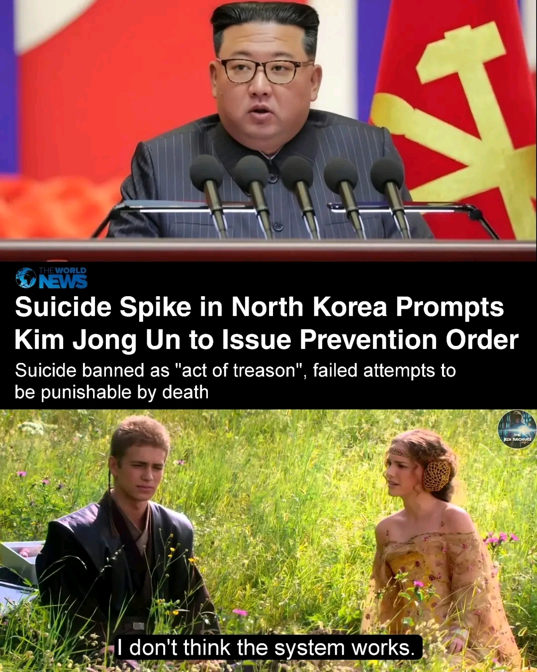 This meme uses a screenshot of a news article about North Korea's leader, Kim Jong Un, to comment on the country's mental health. The article's title is "Suicide Spike in North Korea" and the meme adds a quote from th...