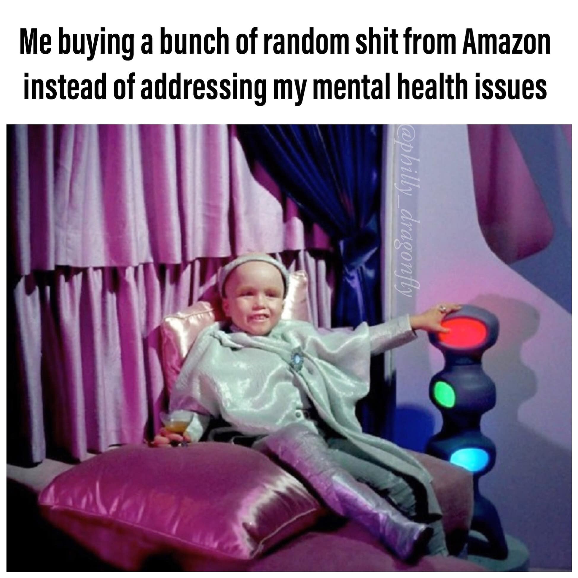 The meme features a person sitting on a couch, seemingly in a state of relaxation. The text above the image reads, "Me buying a bunch of stuff from Amazon instead of addressing my mental health issues." The image is likely a humorous commentary on the tendency to prioritize online shopping over self-care.