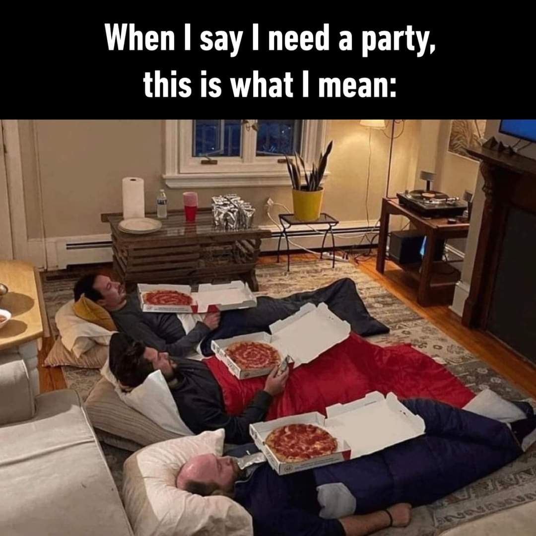 This meme is a relatable commentary on the societal pressure to attend social events, even when one's mental health is not up to par. The image shows a group of friends lounging on the floor, surrounded by pizza, but...