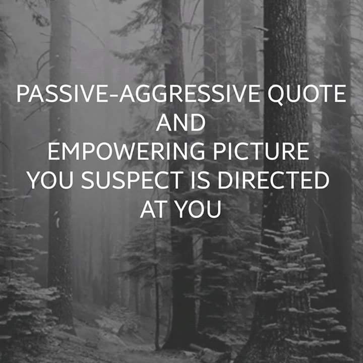 This meme is a simple, text-only image that reads "PASSIVE-AGGRESSIVE QUOTE AND EMPOWERING PICTURE YOU SUSPECT IS DIRECTED AT YOU". The text is presented in a plain, white font on a black background, with no visual elements or images to accompany it. The text itself is a self-deprecating joke that pokes fun at the idea of being able to identify when someone is being passive-aggressive, and the "empowering picture" is a sarcastic reference to the idea that someone is trying to be "empowering" in a way that is actually passive-aggressive.