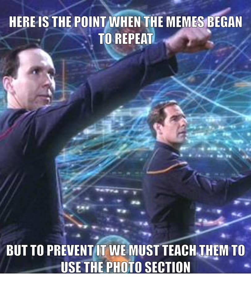This meme features a photo of two Star Trek characters, Captain Sulu and Commander Tom Kirk, pointing in opposite directions. The text above the image reads, "When you tell someone to use the photo section but they keep using the meme section."