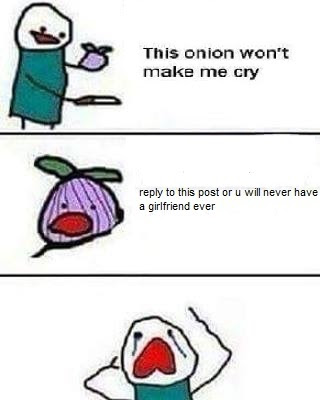 This meme is a simple, two-panel image featuring a cartoon onion character. In the first panel, the onion says "This onion won't make me cry" in a sarcastic tone. In the second panel, the onion responds with "reply to this post or you will never have a girlfriend ever".