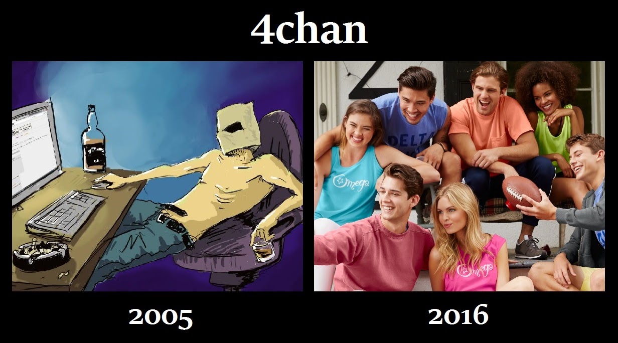 The meme is a comparison between two images. The left image shows a person sitting in a chair, surrounded by trash and looking unwell, with a caption "2005" below it. The right image shows a group of people having fun and being happy, with a caption "2016" below it.