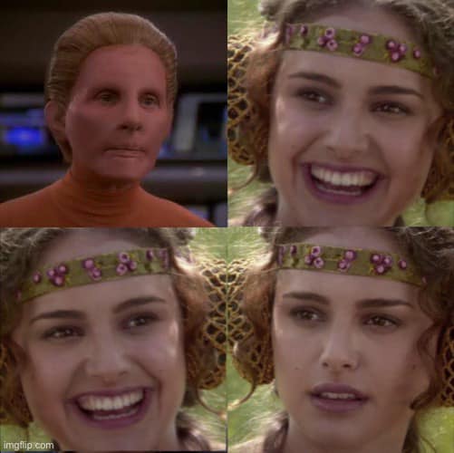This meme is a split-screen image featuring a still from the TV show "Star Trek: The Next Generation" (left) and a still from the movie "The Princess Bride" (right). The image is captioned with a quote from the TV show, "I find your lack of faith... disturbing" (left) and "As you wish" (right). The meme is likely used to express a sense of irony or absurdity in a situation.