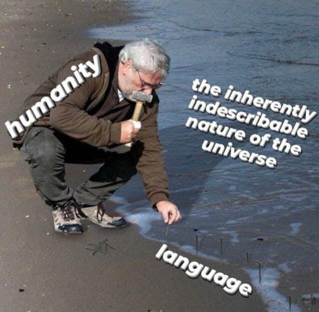 The meme features a photo of a person digging in the sand with a hammer, but the image is intentionally blurry. The text overlayed on the image reads: "The inherent absurdity of the human experience is that we spend our entire lives trying to describe something that is inherently indescribable."