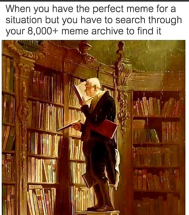 This meme is a humorous commentary on the overwhelming nature of internet content. The image depicts a person searching through a massive library of memes, with the text "When you have the perfect meme for a situation but you have to search through your 8,000+ meme archive to find it" above the image. The meme pokes fun at the frustration of having a great idea, but being unable to find the perfect meme to express it.