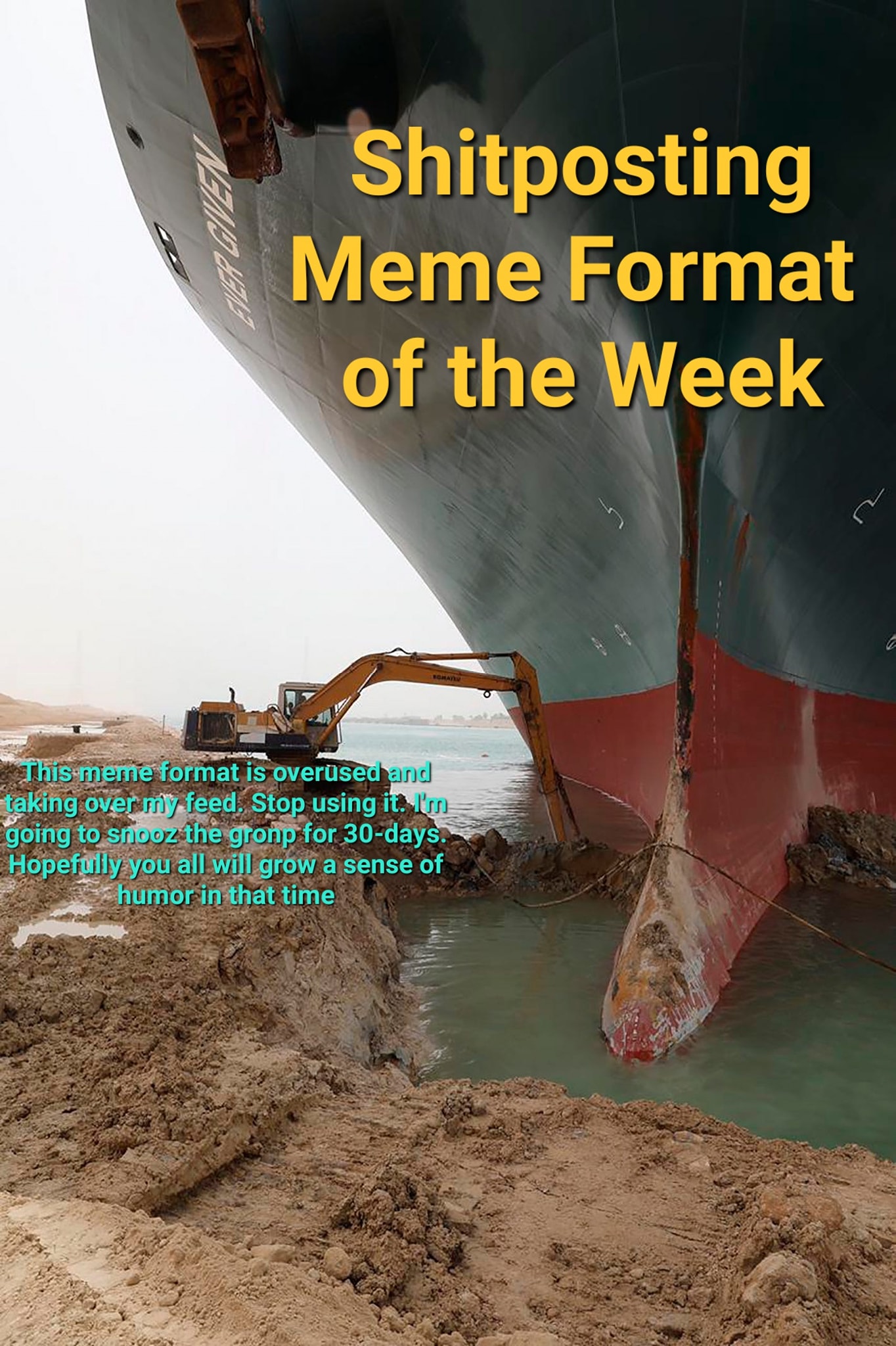The meme is a photo of a ship stuck in the mud, with a large excavator digging out the ship's hull. The text "Shitposting Meme of the Week" is overlaid on the image. The accompanying text, "This meme format is overused and taking over my feed. Stop using it. I'm going to snooze the group for 30 days. Hopefully you all will grow a sense of humor in that time." is a humorous warning from a group administrator.