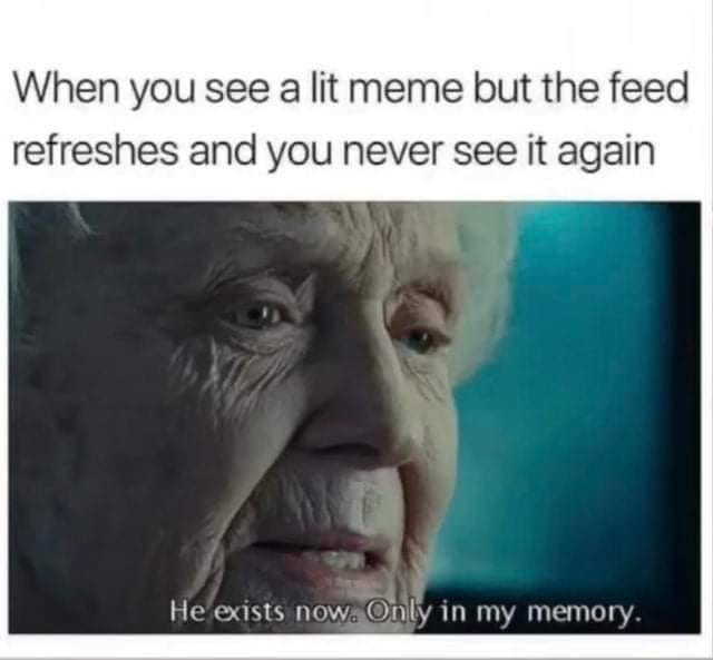 This meme is a screenshot of a character from the movie "The Last Jedi" with a quote that reads: "When you see a lit meme but the feed refreshes and you never see it again." The image is a humorous take on the frustration of losing a meme that is only visible for a brief moment before being lost in the feed.