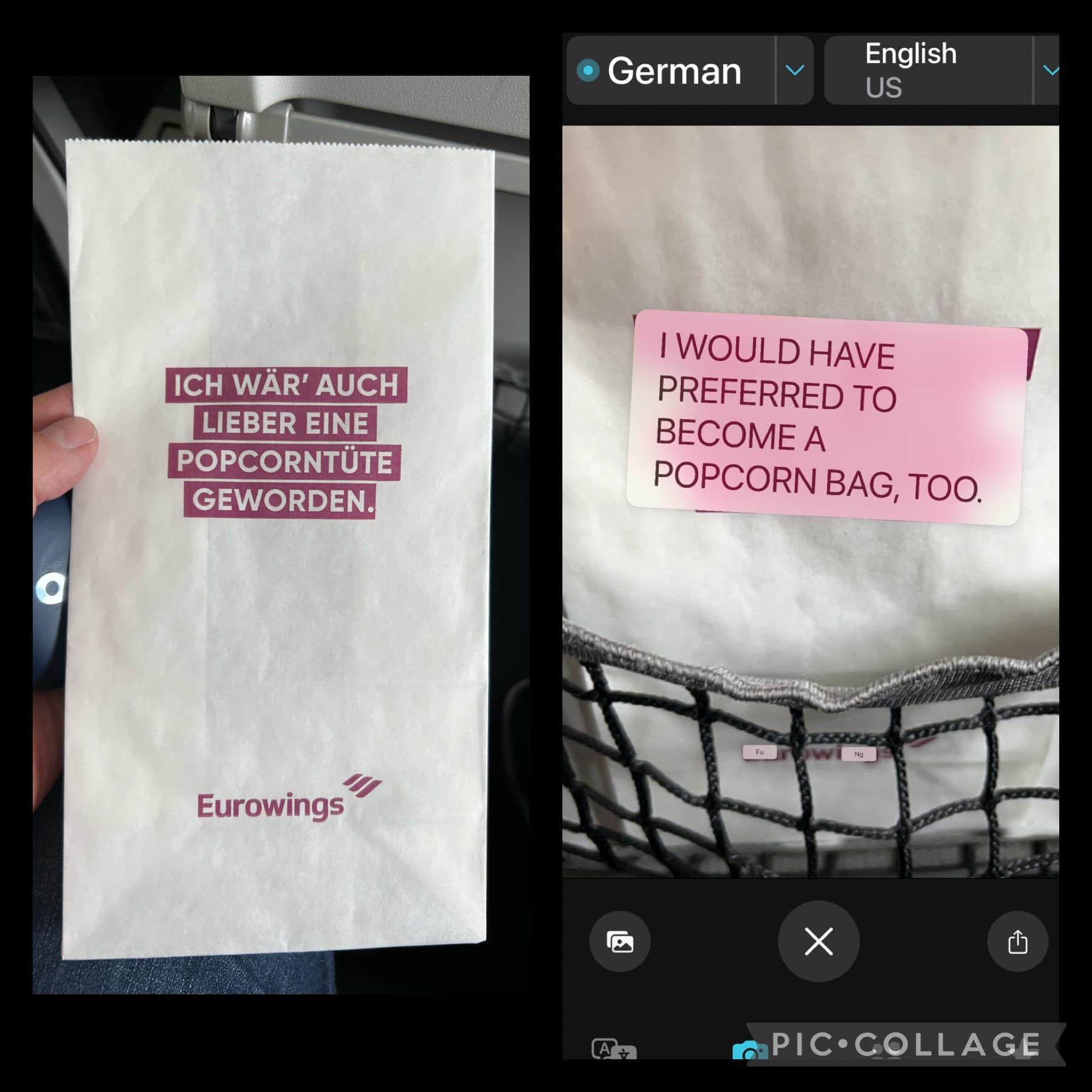 The meme is a screenshot of a flight's in-flight entertainment menu, where a passenger has submitted a comment about the snack selection. The comment reads: "I would have preferred to become a popcorn bag, too." The text is displayed in a pink box on the screen, with a few words highlighted in a different color to indicate that they were added by the passenger.