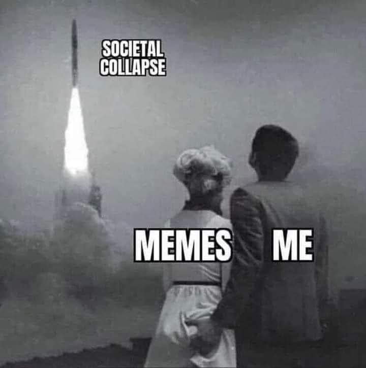 The meme is a black-and-white image of a couple standing at the edge of a cliff, looking out at a massive explosion in the distance. The text "Societal Collapse" is written above the explosion, while the text "Memes" is written across the couple's backs, implying that they are oblivious to the impending disaster. The phrase "I can explain" is written above the couple's heads, suggesting that they are unaware of the catastrophe unfolding before them.