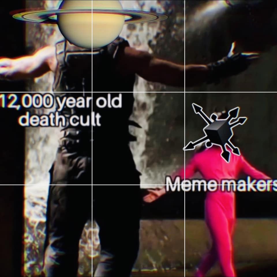 This meme features a split-screen image with a 12,000-year-old "death cult" on the left and a "meme maker" on the right. The text "12,000 year old death cult" is likely a reference to a popular internet meme, while the "meme maker" is likely a self-deprecating reference to the creator of the meme. The image is likely humorous and satirical, poking fun at the idea of a "death cult" and the person who created the meme.