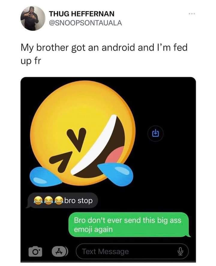 This meme is a screenshot of a conversation where someone is being told to stop sending a specific emoji. The text in the image reads "bro stop" and "bro don't ever send this emoji again". The meme is likely being used to poke fun at someone's use of a particular emoji, possibly a "laughing face" or similar, and is being used to express frustration or annoyance at someone's behavior.