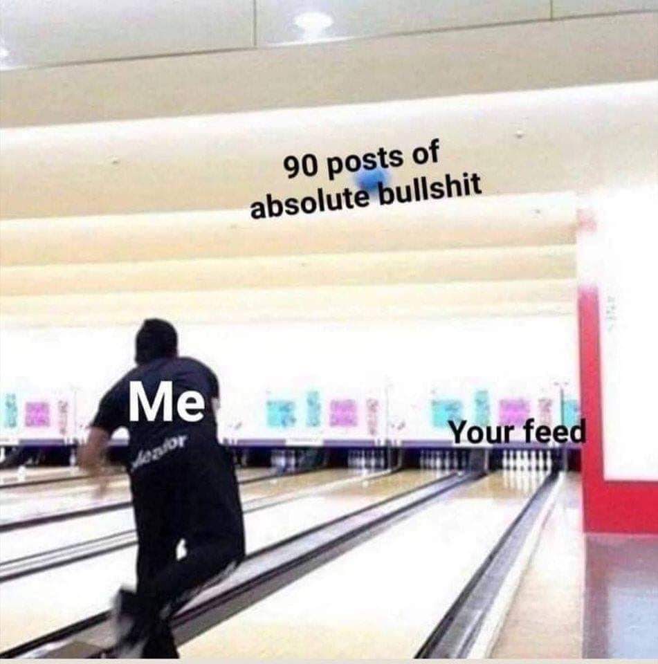 The meme depicts a person bowling a strike, with the caption "90 posts of absolute bullshit" above the bowling lane. The image is humorous because it implies that the person is successfully knocking down a large number of "bullshit" posts on social media, with the words "Me" and "Your feed" on the bowling lane, indicating the person is targeting their own social media feed.
