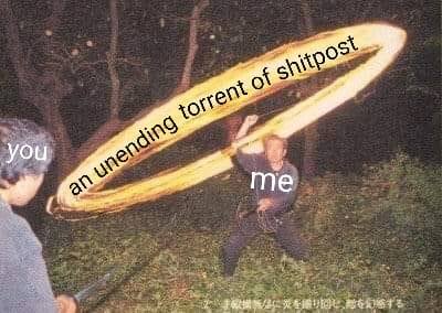 The meme is a humorous image of a person being attacked by a giant, flaming sword. The text "you" is written on one end of the sword, and "an unending torrent of shitpost" is written on the other end, implying that the person is being overwhelmed by a never-ending flood of terrible or annoying content.