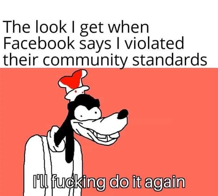 This meme is a humorous commentary on Facebook's community standards. It features a cartoon character, Goofy, with a sarcastic expression, saying "I'll do it again" in response to a Facebook warning for violating community standards. The meme is likely used to poke fun at the idea that people will continue to break Facebook's rules despite being warned.