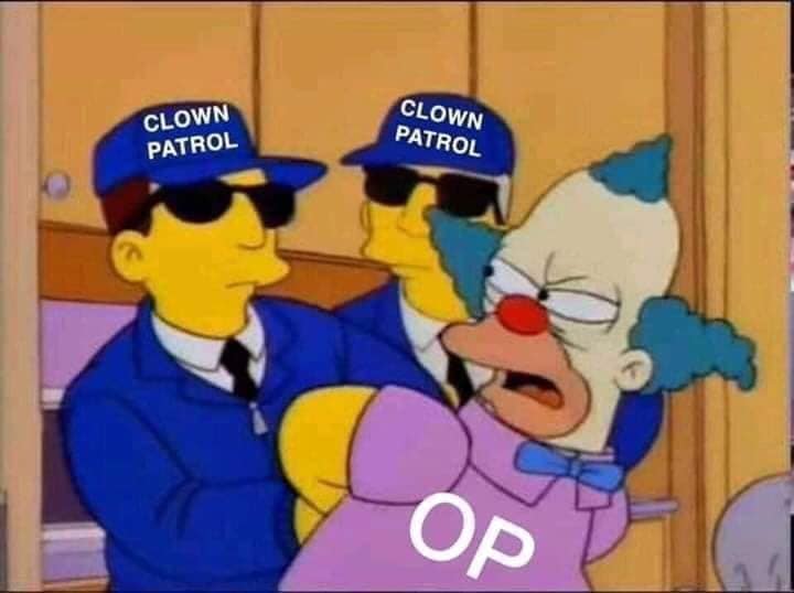 This meme features an image from the TV show "The Simpsons" with a character, Sideshow Bob, being arrested by two police officers. The image is captioned with the text "OP" which is an internet slang term meaning "original poster" or "outstanding player". The meme is likely referencing a situation where someone is being arrested or punished, and the "OP" label is ironic or humorous.