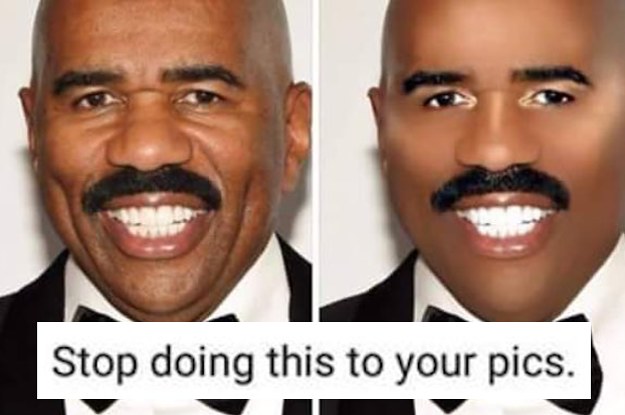 This meme features a split-screen image of Steve Harvey, a comedian and TV host, with a caption that reads: "Stop doing this to your pics." The meme is likely a humorous reference to a common issue with photo editing or photo manipulation, implying that someone is making a silly or unflattering change to their own photos.