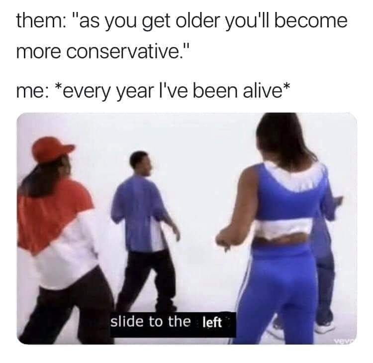 This meme is a humorous take on the idea that as people age, they become more conservative. The image is a screenshot from a music video featuring a group of people dancing, but the caption "I'll be 40" is replaced with "I'll be dead". The text "I'll be dead" is written in a font that looks like it's coming from a video game, implying that the person is aware of their own mortality.