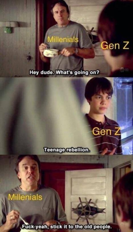 The meme is a screenshot from the TV show "It's Always Sunny in Philadelphia" where two characters, Dennis and Mac, are discussing the differences between their generation (Baby Boomers) and the younger generation (Millennials/Gen Z). The text on the image reads: "Dennis: 'I'm the last person I want to talk to.' Mac: 'You're not even a person, you're a dinosaur.'" The meme is captioned "Millennials: 'What's going on?' Gen Z: 'The apocalypse'".