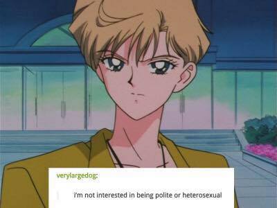 This meme is an image of a character from a Japanese anime series, specifically Ran Shibasaki from the anime "Sailor Moon". The text overlay on the image reads "I'm not interested in being polite or heterosexual" in a bold, black font. The image is likely a humorous or sarcastic take on the character's personality, poking fun at her strict and uptight nature.