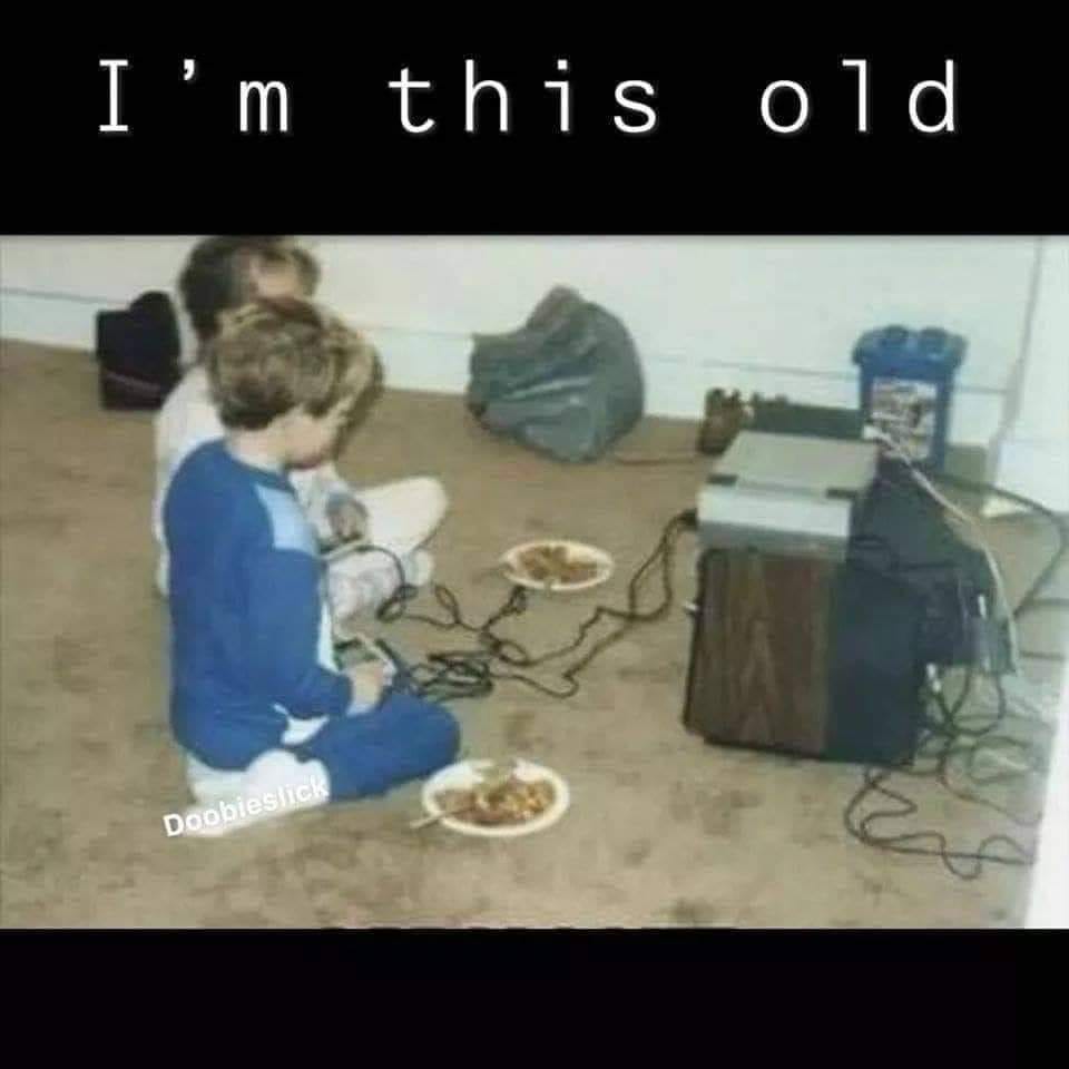 The meme is a photo of two young boys sitting on the floor, surrounded by old electronics and cables. One of the boys is holding a controller and the other is eating a plate of food. The text at the top of the image reads "I'm this old".