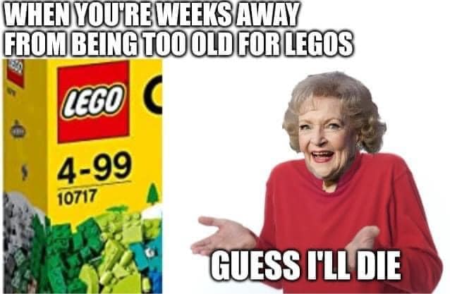 This meme is a humorous take on the phrase "I'm not lazy, I'm just on energy-saving mode." The image features a woman who looks like she's been playing with Legos for too long, and the text "When you're so old you have to use a walker to get to the Lego store" is written above her.