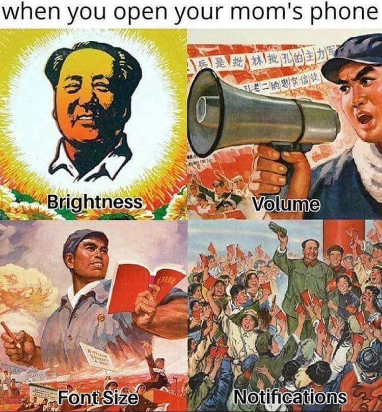 This meme is a humorous commentary on the changing nature of social media and the attention span of younger generations. The image features a series of four panels, each depicting a different era of social media, with a caption at the top reading "when you open your mom's phone". The text at the bottom of each panel reads "Brightness", "Volume", "Font Size", and "Notifications".