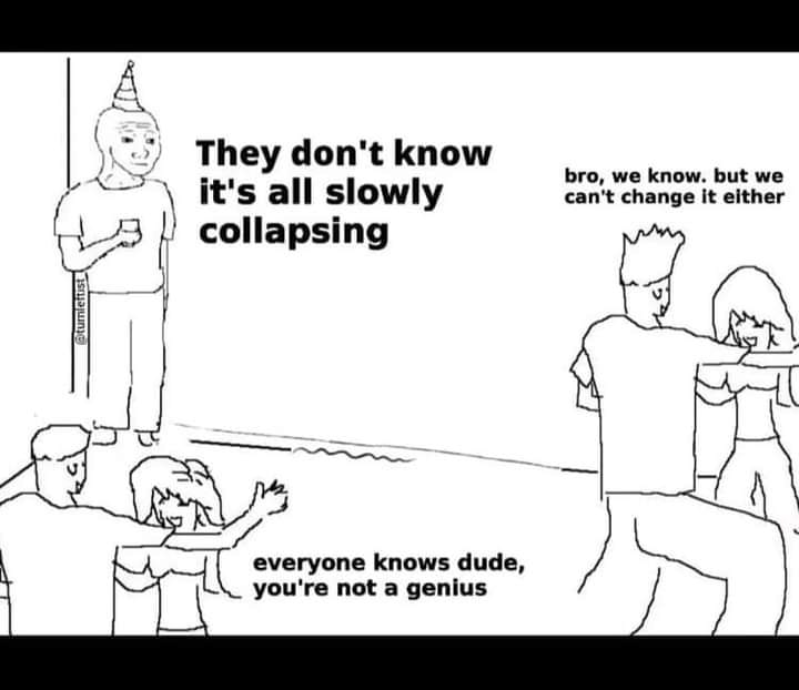 This meme is a simple cartoon with two characters. One character is pointing at a group of people, and the other is telling them "They don't know it's all collapsing" and "Everyone knows you're not a genius." The text on the image is meant to be humorous and sarcastic, implying that the people being addressed are not actually intelligent or knowledgeable.